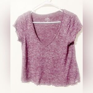 Hollister Purple & Maroon Marbled V Nevk Cropped Top w/ Lettuce Trim